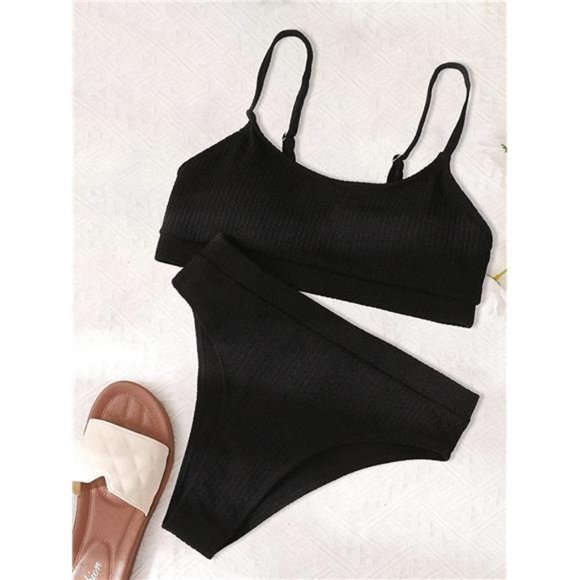 High Waisted Tummy Control Ribbed Bikini Crop Top Brazilian Swimsuit Set 2 Piece - Picture 4 of 5